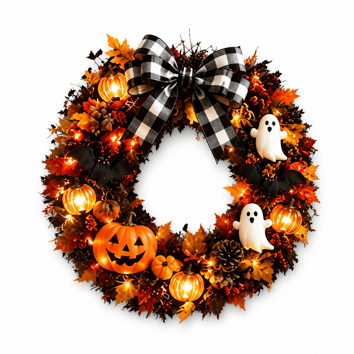 Halloween Pumpkin Ghost Wreath with Lights, 14 Inch Front Door Hanging Decor with Pumpkin, Ghost, Bat and Spiderweb, Indoor Outdoor Party Wall Decoration