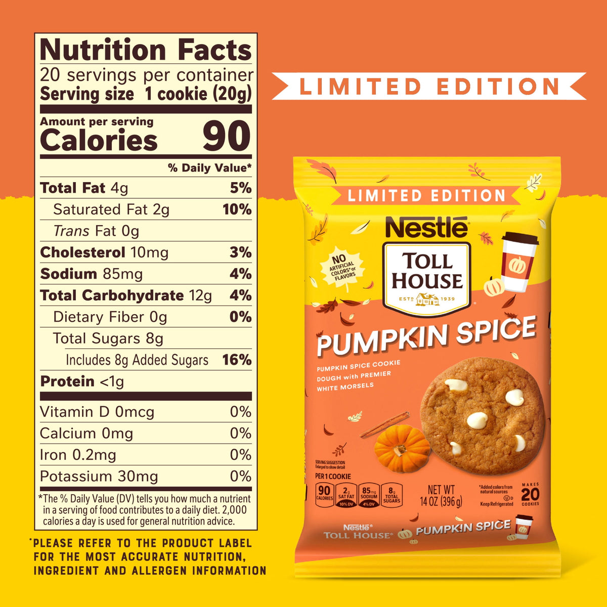 Nestlé Toll House Pumpkin Spice Ready to Bake Refrigerated Cookie Dough, 14 oz, No Artificial Colors