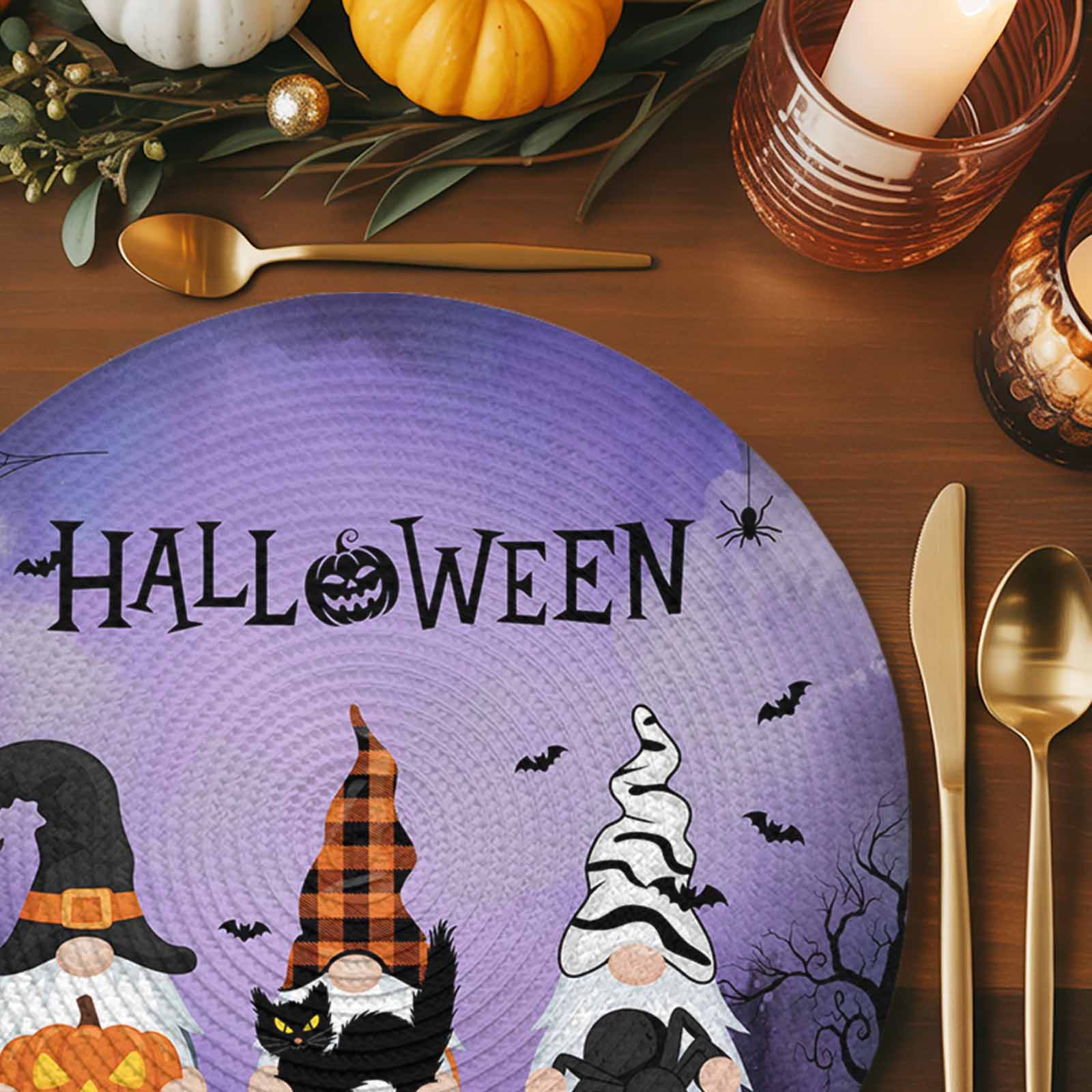 Halloween Round Placemats Set of 4 Gnomes Pumpkin Place Mats Washable Woven Placemat Black Cat Bat Castle Purple Circle Braided Table Mat for Kitchen Dining Table Holiday Party Home Decor 15 Inch