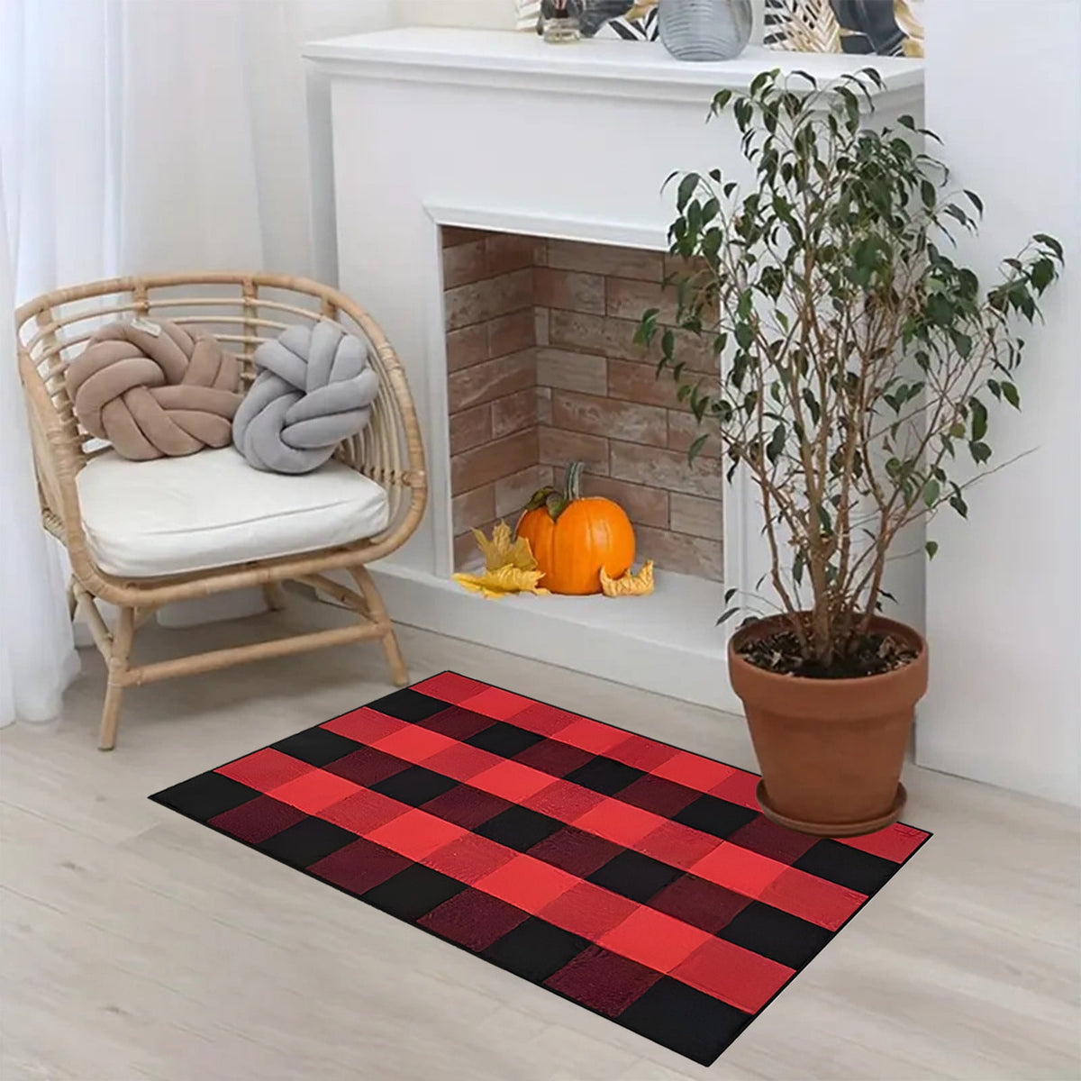 Orange Plaid Fall Outdoor Mat, Hand-Woven Porch Rug for Thanksgiving Halloween Door Decor