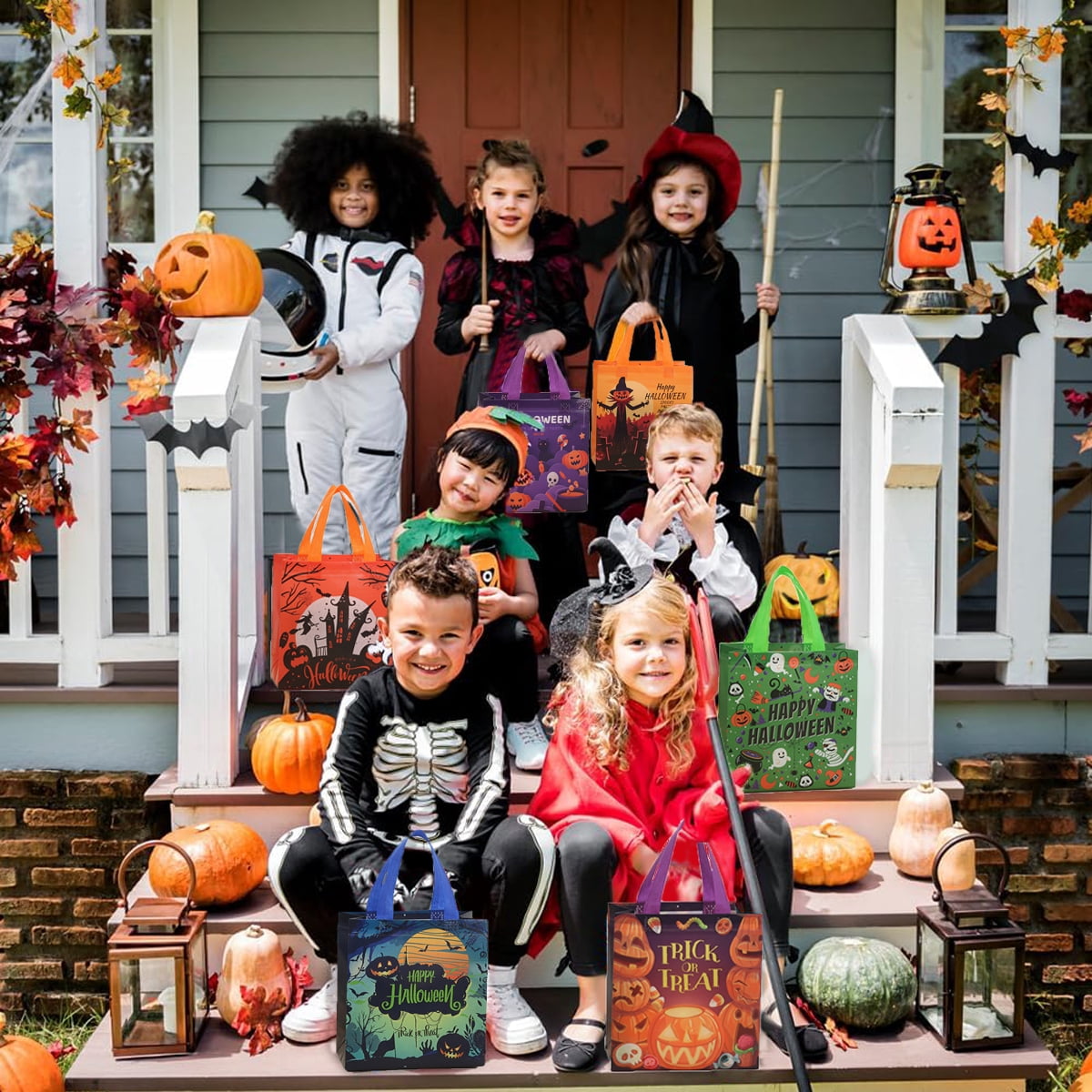 12 Packs Halloween Trick or Treat Bags, Reusable Non-Woven Gift Tote With Handles, Goodie Bags for Party Supplies, 9.06*8.66*4.33