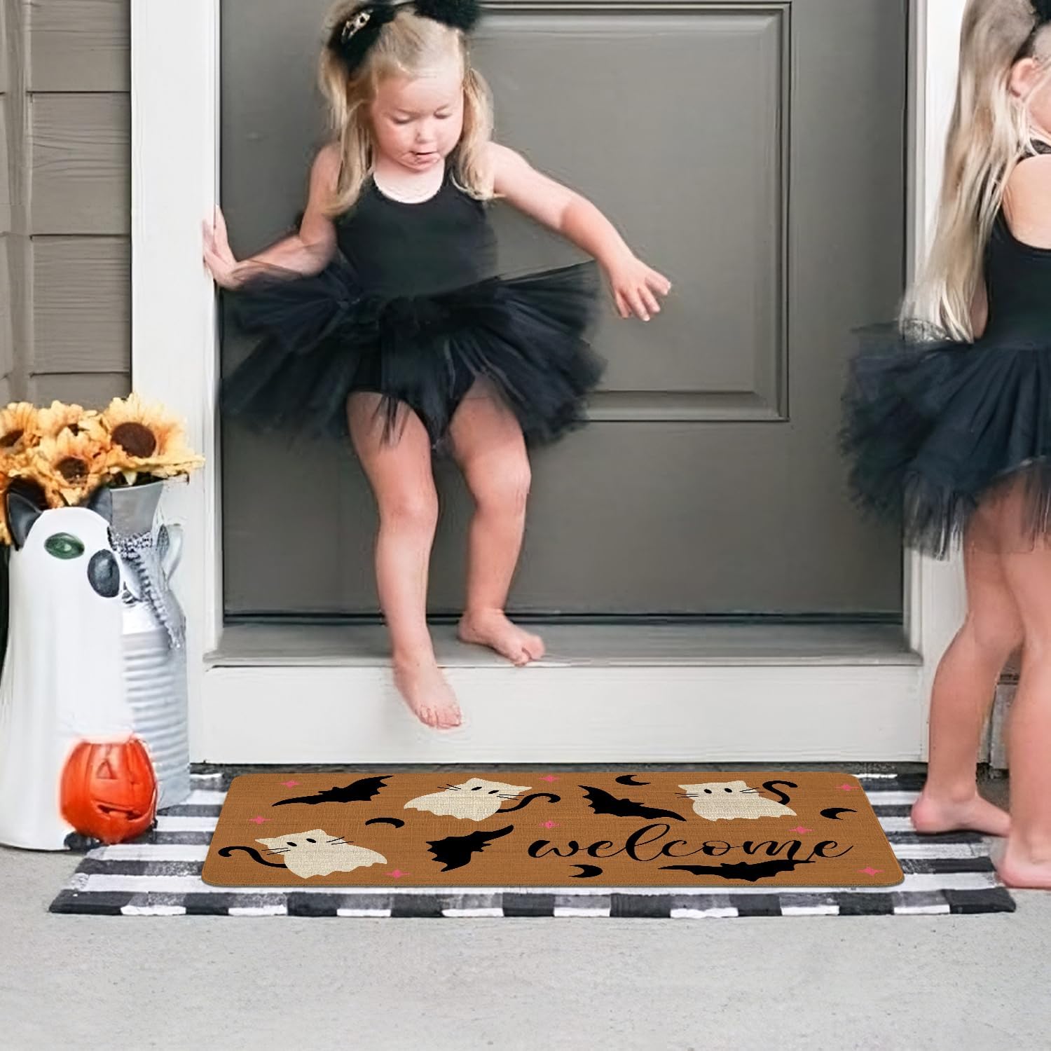 Halloween Door Mat,Cute Cat Spooky Ghost Bats Outdoor Mats for Front Door,Fall Halloween Indoor Entrance Non-Slip Doormat Entryway Welcome Rubber Mats for Porch Decor 30" x 17"