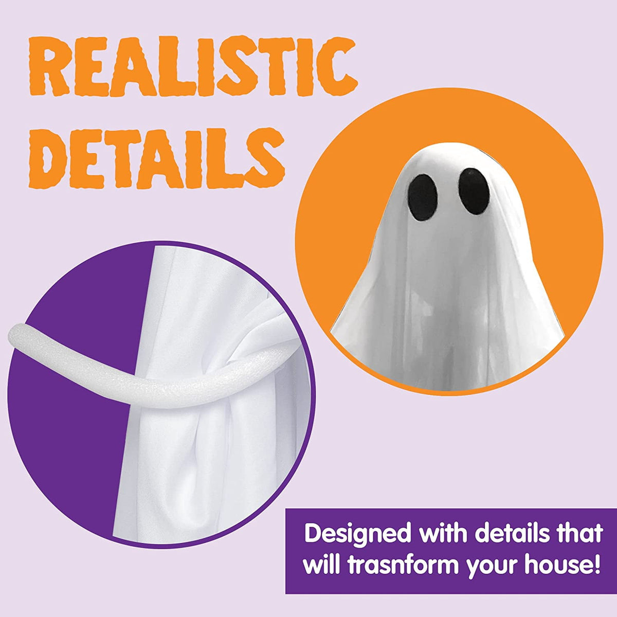 Ayieyill Halloween Ghost Decor with Warm White LED Light, 47” Light up Hanging Ghost Halloween Yard Porch Decorations Outdoor