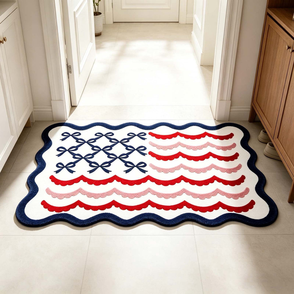 Patriotic Door Mat 4th of July Bow Flag Floor Doormats Independence Day Star Welcome Non Slip Mats for Front Porch Decor 16*24in Black