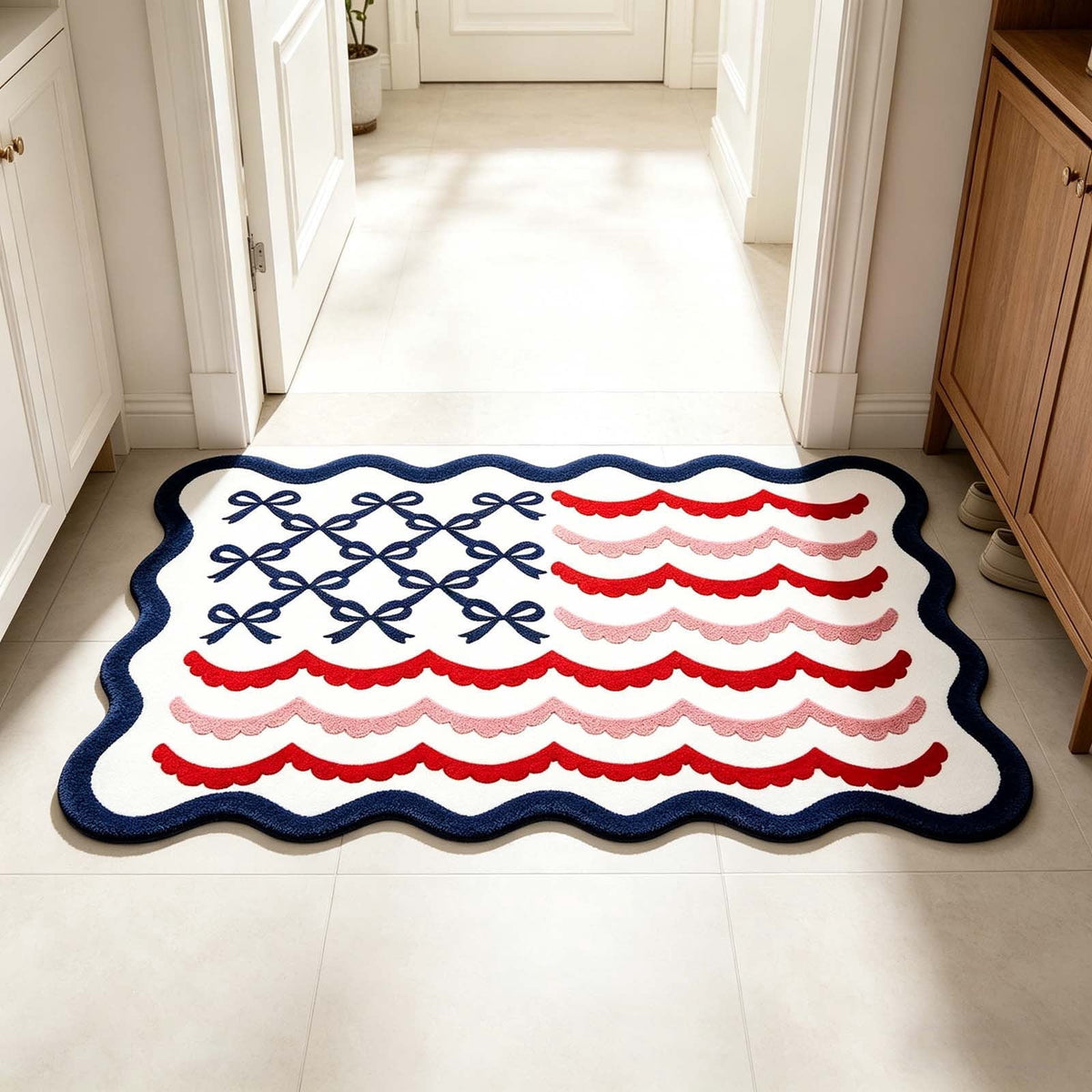 Patriotic Door Mat 4th of July Bow Flag Floor Doormats Independence Day Star Welcome Non Slip Mats for Front Porch Decor 16*24in Black