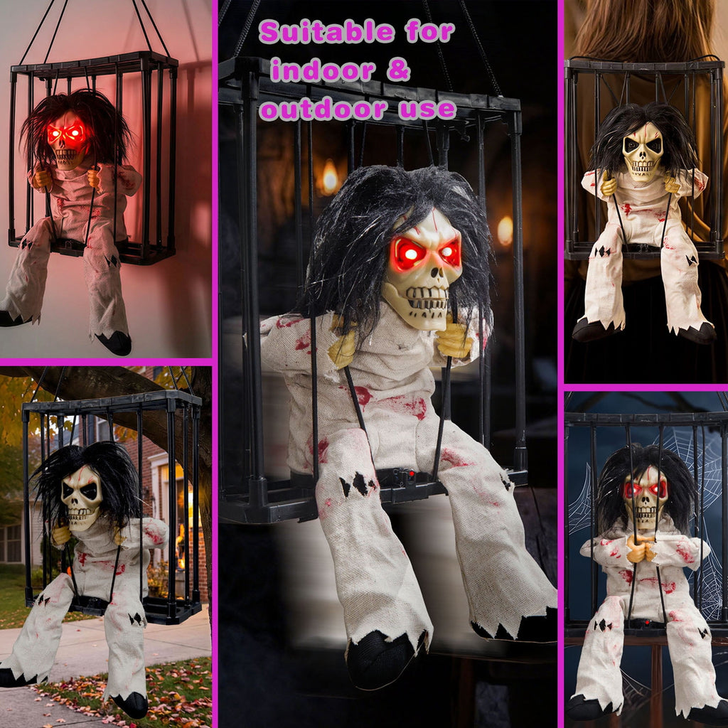 Magotan Screaming Animated Halloween Decorations, Outdoor Indoor Hanging Spooky Halloween Decoration, Scary Skull Cage with Motion Sensor