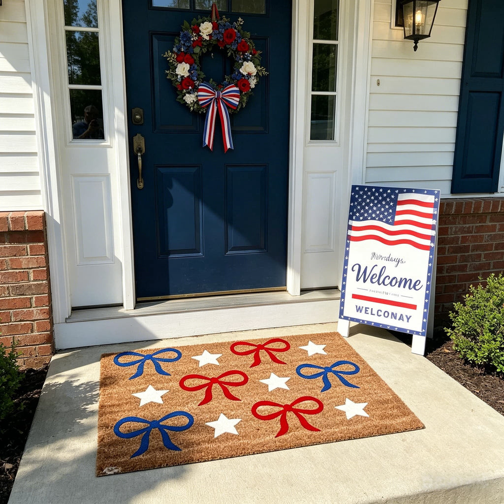 Patriotic Door Mat 4th of July Bow Flag Floor Doormats Independence Day Star Welcome Non Slip Mats for Front Porch Decor 16*24in Black
