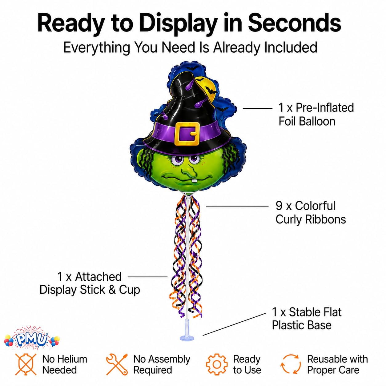 PMU Halloween Pre-Inflated Balloons "Whimsical Pumpkin" 9 Inch Air-Filled Pre-inflated with a Cup and a Stick (1/Pkg) Pkg/1