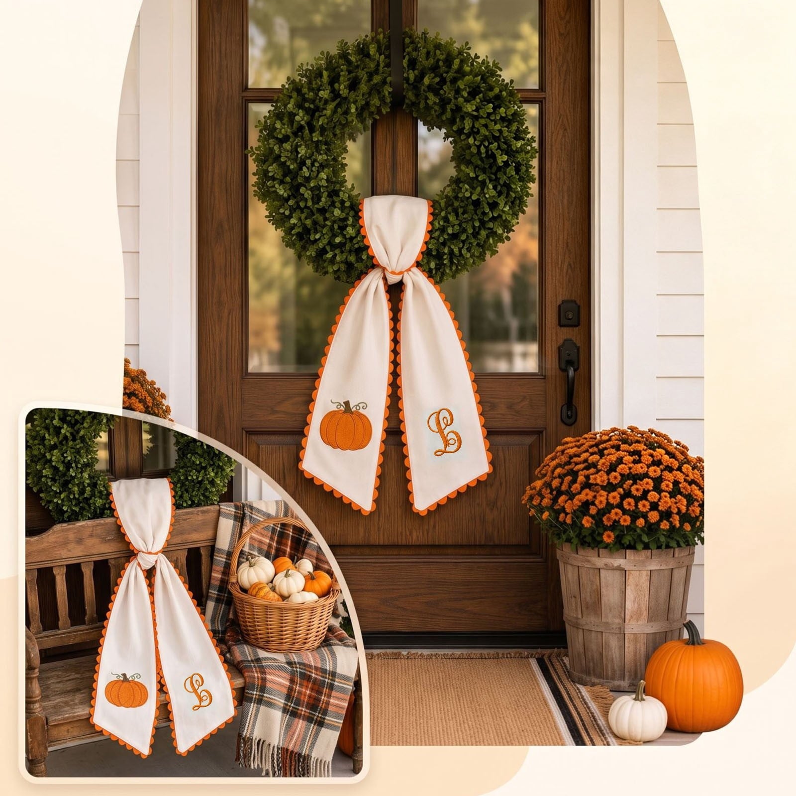 Pumpkin Embroidered Wreath Sash, 50 x 5 inch Orange Scalloped Lettered Ribbon for Halloween, Thanksgiving, Front Door, Seasonal Garland and Fall Home Decor, W