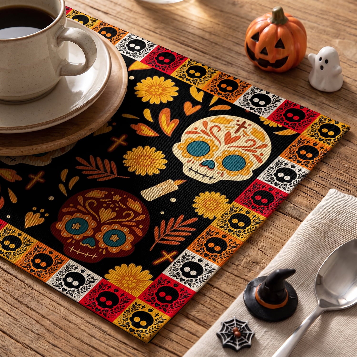 Smile Jack-O'-Lantern Spider Web Halloween Table Placemats Set of 4 Round 15 Inch Black