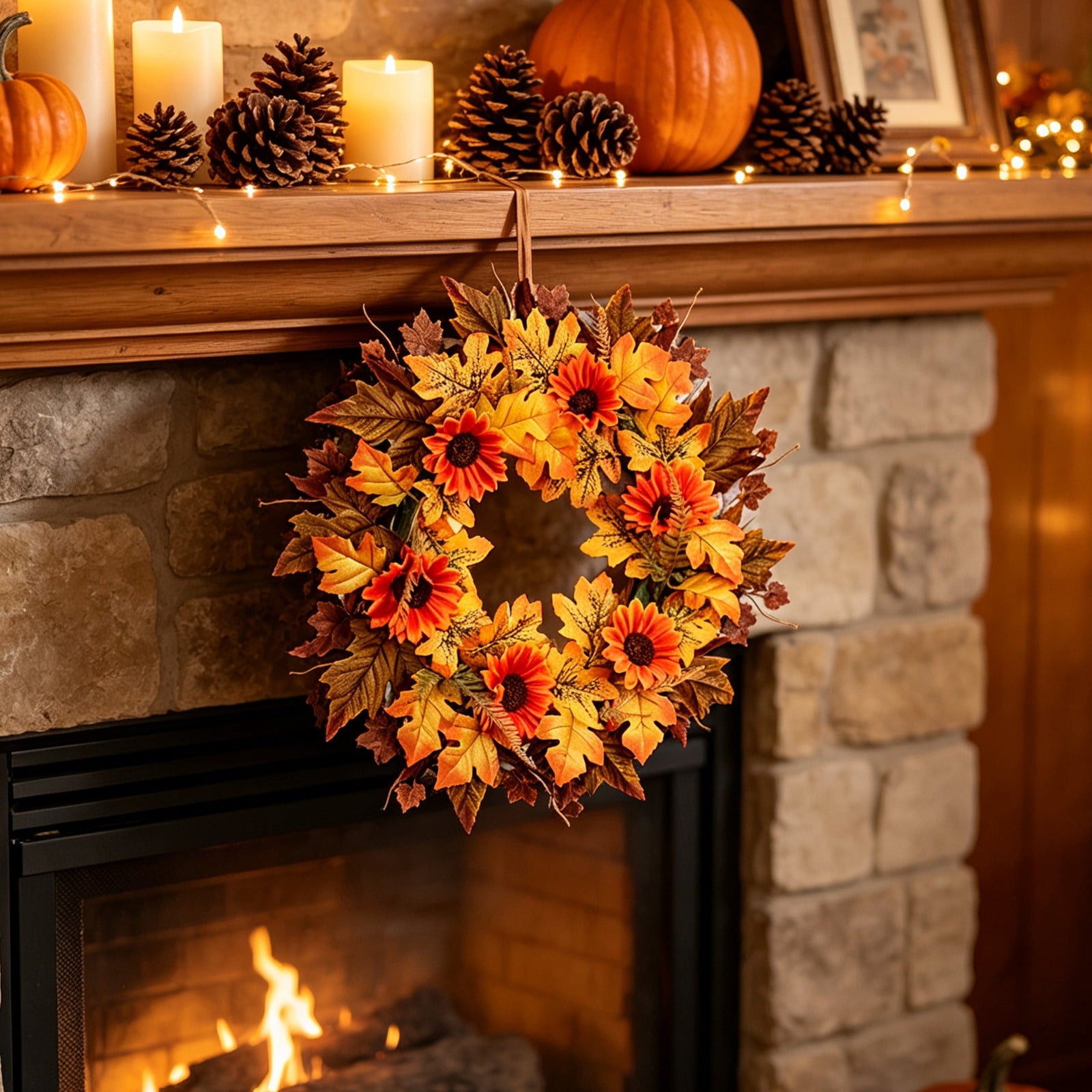 HOARBOEG Autumn Harvest Sunflower Wreath, Artificial Pumpkin Maple Leaf Fall Wreath for Front Door, 21.65 in Thanksgiving Wall Hanging Decor, Outdoor Indoor Harvest Decor
