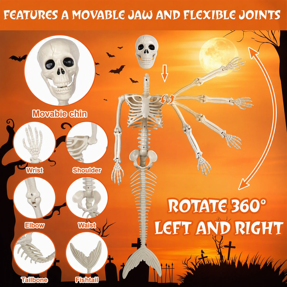 36inch Halloween mermaid skeleton, with flexible joints, can be posed and hung, suitable for Halloween indoor and outdoor decorations, parties, horror scenes and other occasions