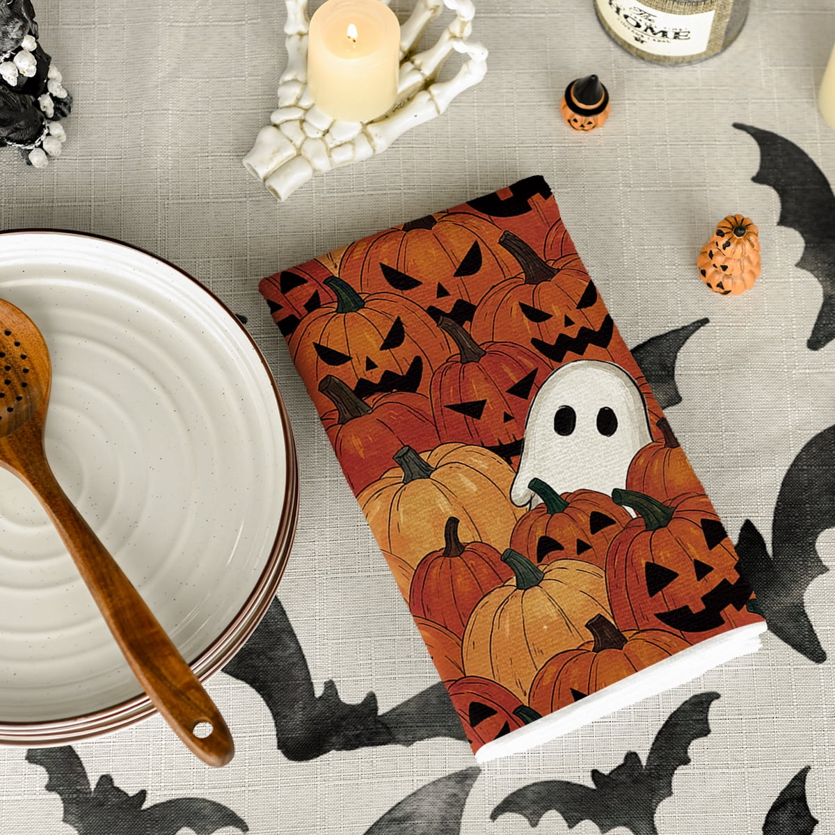 Sm:)e Ghost Pumpkins Bats Floral Spooky Halloween Kitchen Towels Dish Towels, 18x26 Inch Jack-O'-Lantern Decoration Hand Towels Set of 2