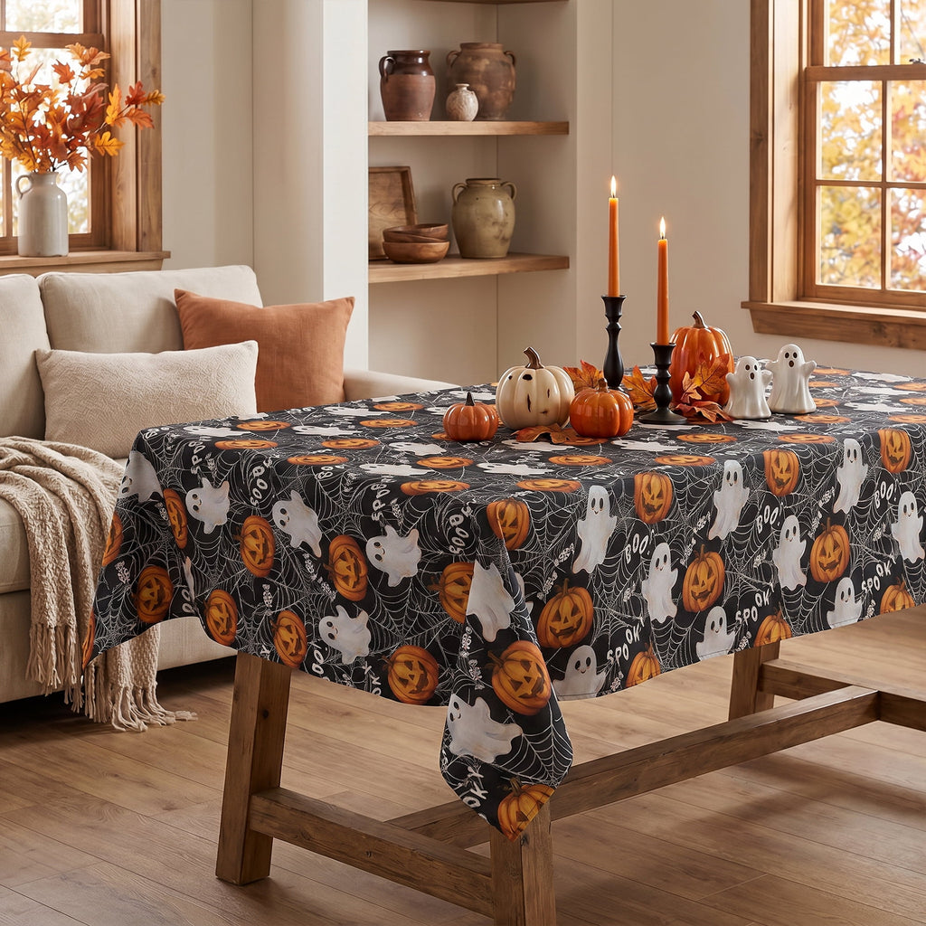 Sm:)e Spooky Ghost Pumpkin Spider Web Halloween Tablecloth 60x84 Inch, Wrinkle-Resistant & Machine Washable Table Cover for Dining Decor, Rectangle