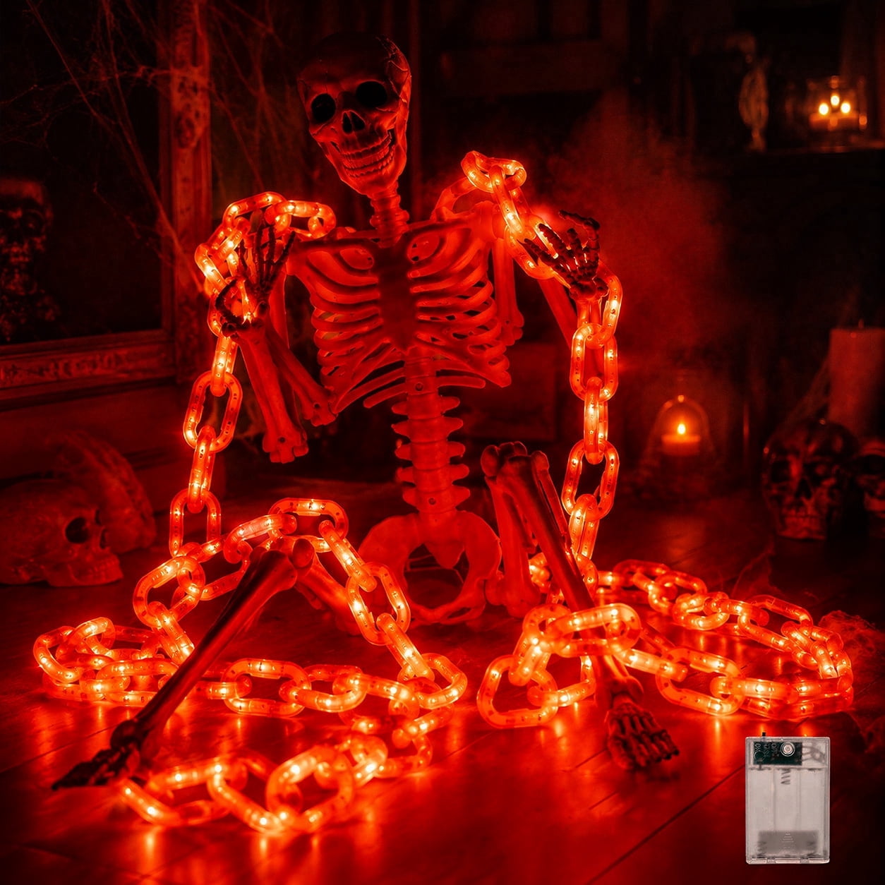 DAKIMOE Halloween Decoration Chain String Lights Orange Light Up Plastic Chain Decoration 10FT Long Glowing Link Chain for Haunted House Party Porch Yard Door Indoor Outdoor Halloween Decor