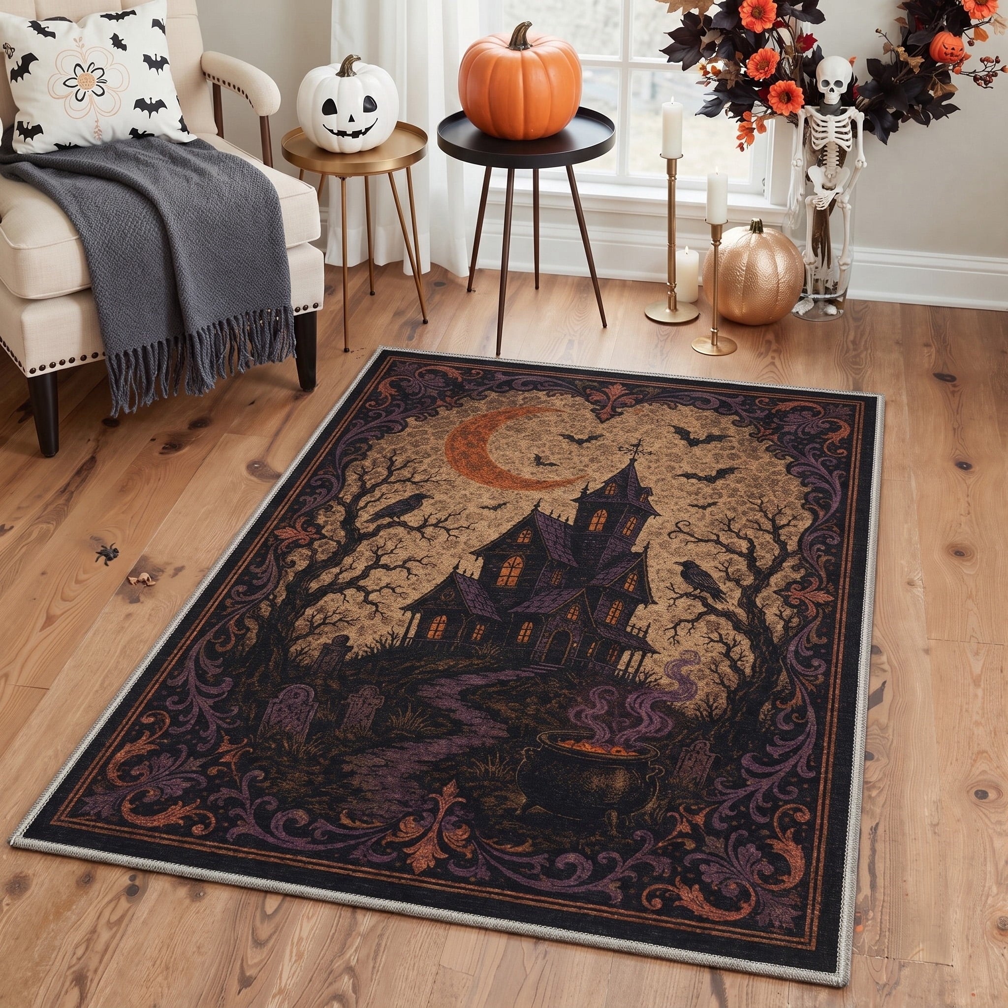 GENIMO 5'x7' Halloween Area Rug for Living Room, Washable Non Slip Soft Farmhouse Pumpkin Indoor Rug for Bedroom Dining Room Home Office, Vintage Sepia