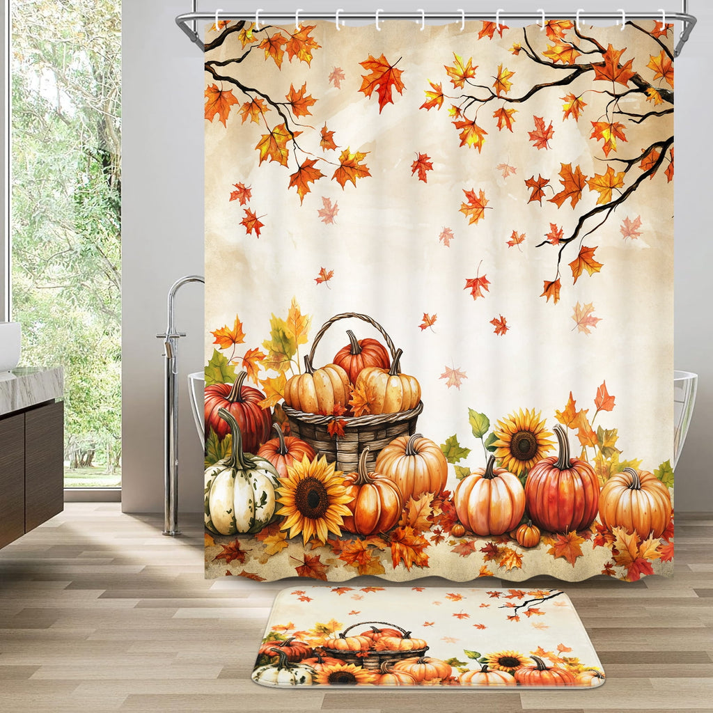 FRAMICS 16-Piece Fall Shower Curtain Sets with Rugs, Maple Leaves Pumpkin Bathroom Sets, Waterproof Fabric Bathroom Curtain Decor with Hooks