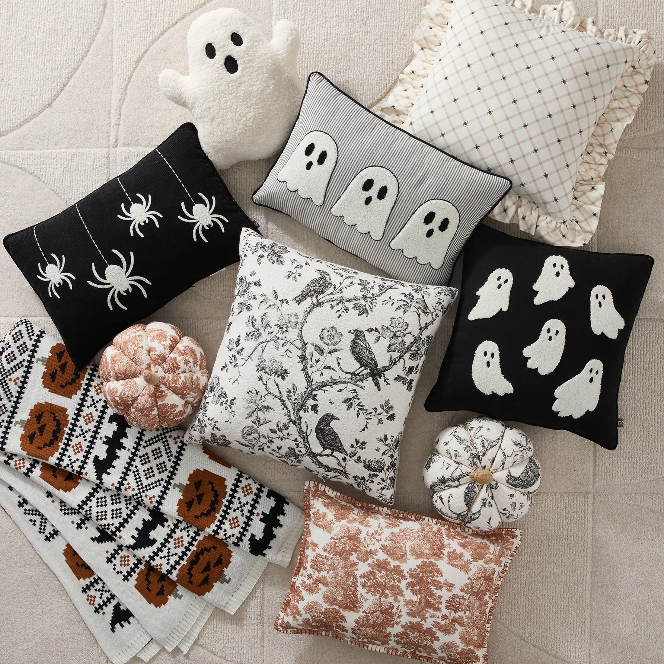My Texas House Halloween Raven Toile Decorative Pillow, Ivory and Black, 20" x 20"