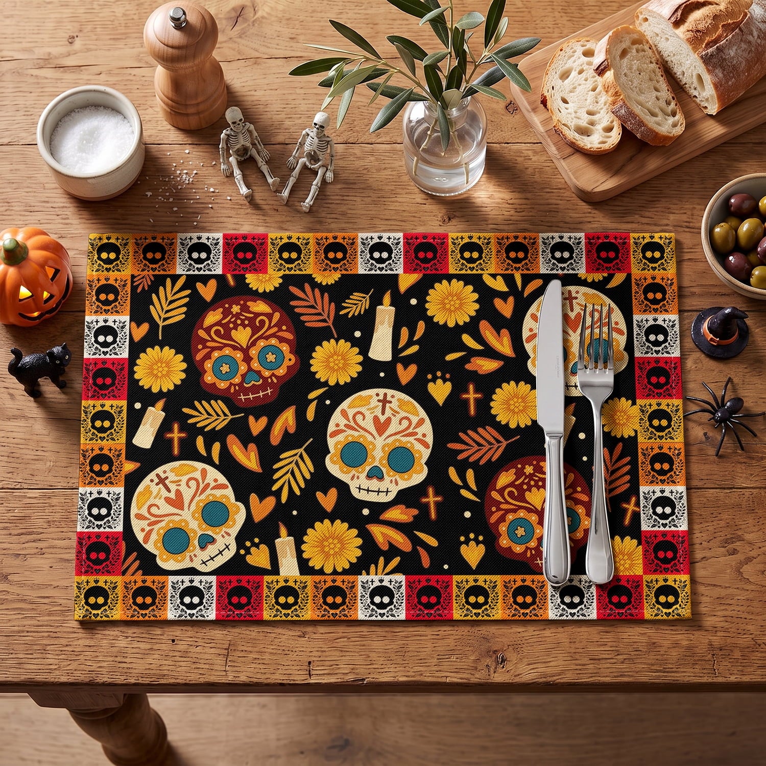Smile Jack-O'-Lantern Spider Web Halloween Table Placemats Set of 4 Round 15 Inch Black