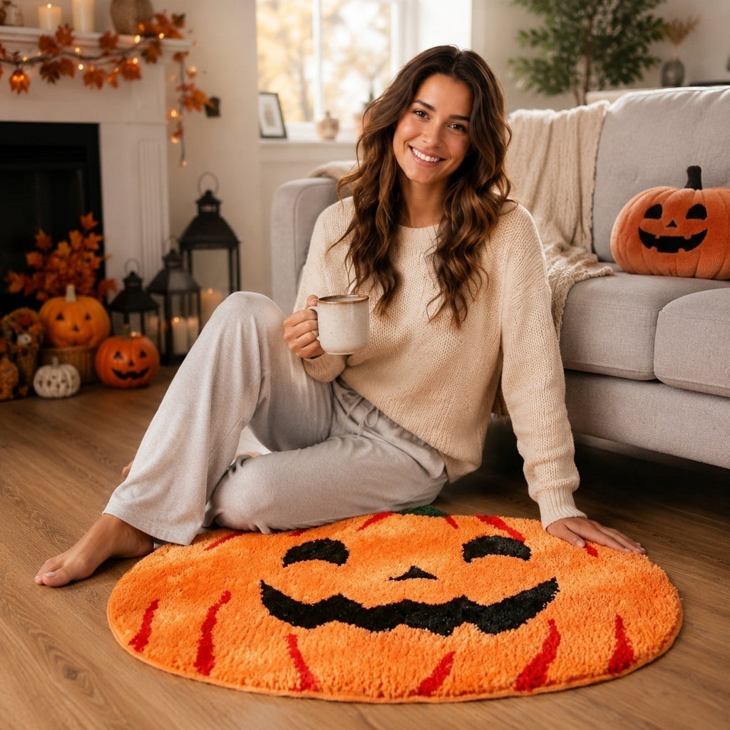Liamobondopolis Halloween Floor Mat Jack O Lantern Shaped Tufted Non Slip Rubber Back Halloween Decor for Bathroom Entryway Halloween Party Decorations 23.62In X 15.75In