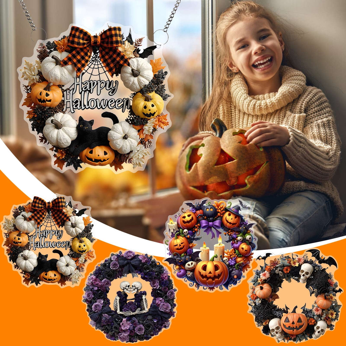 Btomtd Diameter 8" Pumpkin Skull Wreath Halloween Decor Acrylic Round Disk Hanging Ornament with Garland for Front Door Window, A