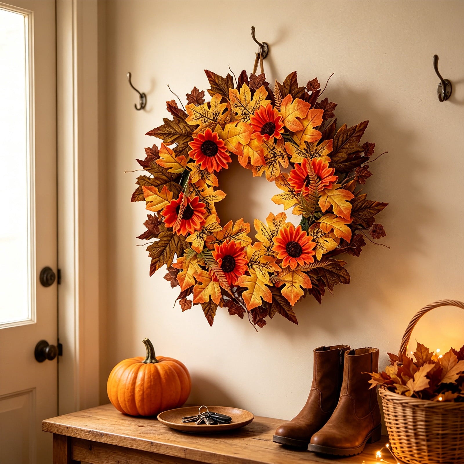 HOARBOEG Autumn Harvest Sunflower Wreath, Artificial Pumpkin Maple Leaf Fall Wreath for Front Door, 21.65 in Thanksgiving Wall Hanging Decor, Outdoor Indoor Harvest Decor