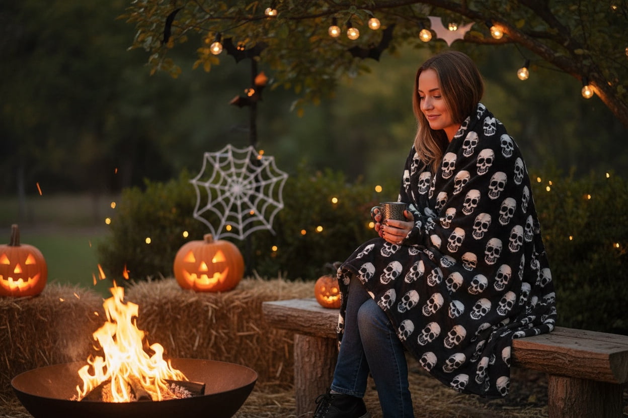 Serafina Home Halloween Throw Blanket: Fuzzy Boo! Jack O'Lantern Spider Webs Skull and Black Cats Print on Velvet Fleece for Sofa Bed Couch Chair Dorm