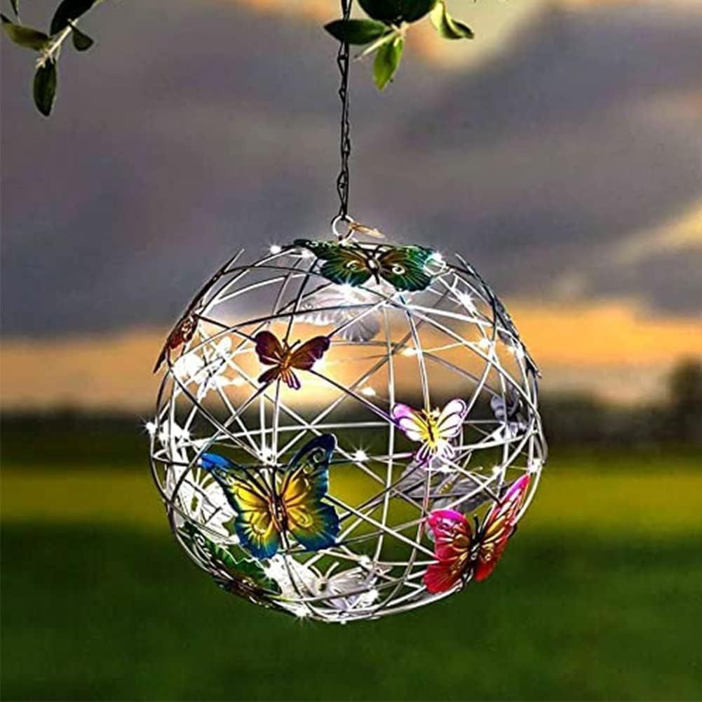 Hanging Solar Light Round Ball with Colorful Butterfly with Weaving String Special Gift for Garden Patio Gazebo Decor Camping