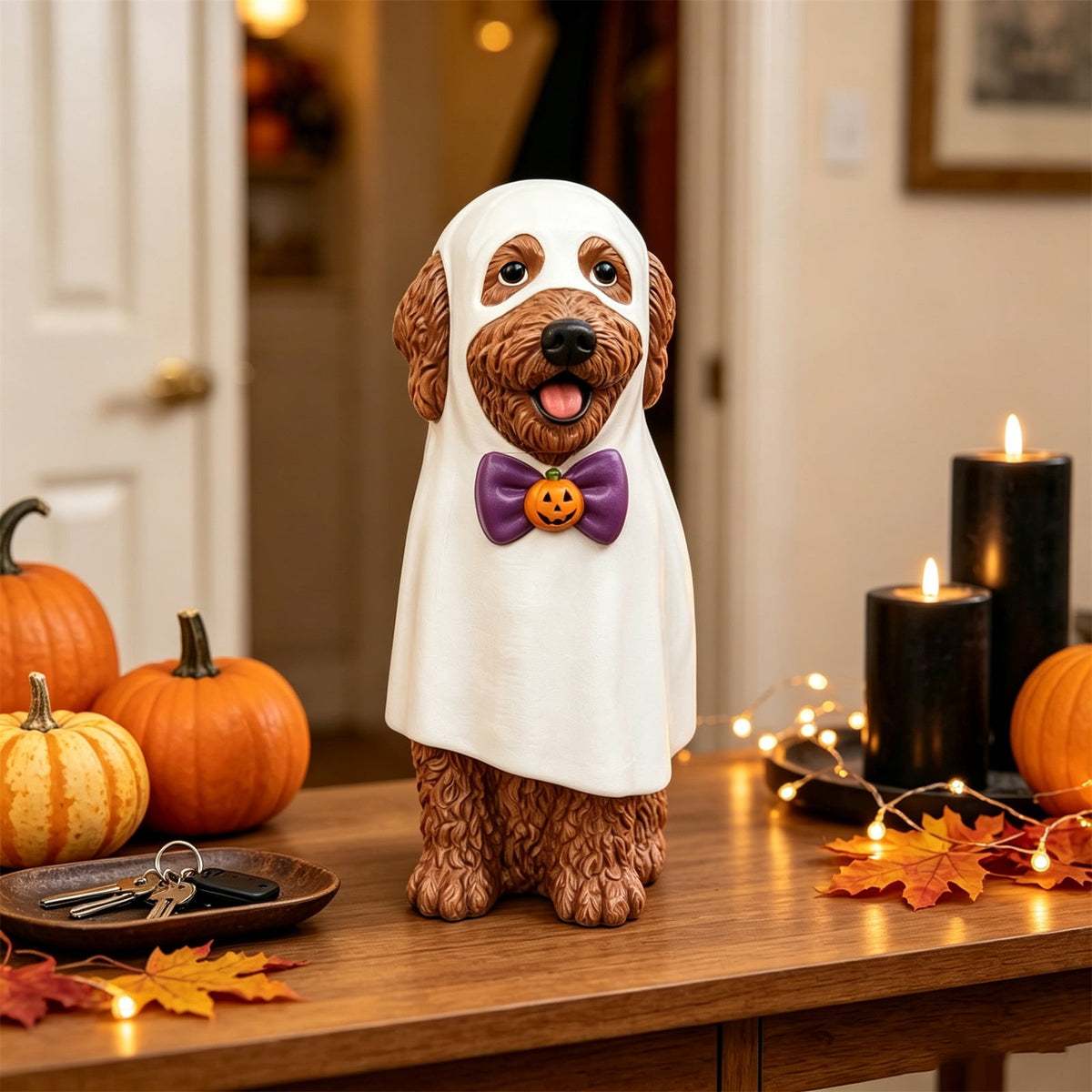 Gray Frenchie in Shark Costume Blow Mold, Halloween French Bulldog Statue with Light Up Pumpkin Decor, Cute Resin Outdoor Indoor Tabletop Dog Ornament, Entryway Patio Yard Decoration, 8"