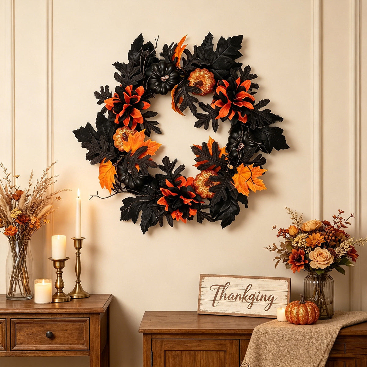 18 Inch Black Orange Pumpkin Peony Halloween Wreath, Artificial Maple Leaf Front Door Wreath, Weatherproof Fall Harvest Ornament for Indoor Outdoor Halloween Decorations Thanksgiving Porch Wall Decor