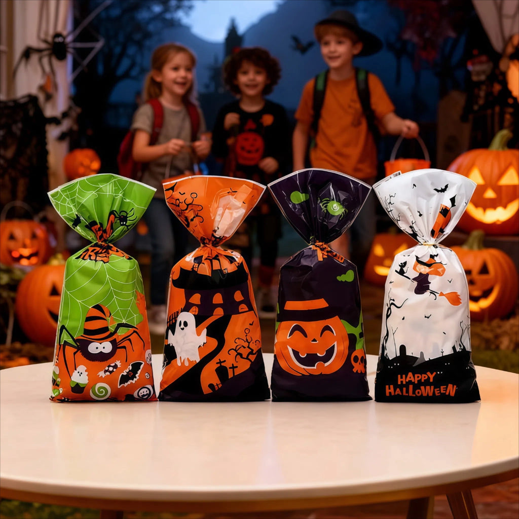 Qoosea 200 Pcs Halloween Treat Bags Halloween Cellophane Candy Bags Spider Web Bat Ghost Pumpkin Gift Bags with 200 Twist Ties Kids Party Candy Bags for Halloween Party Supplies