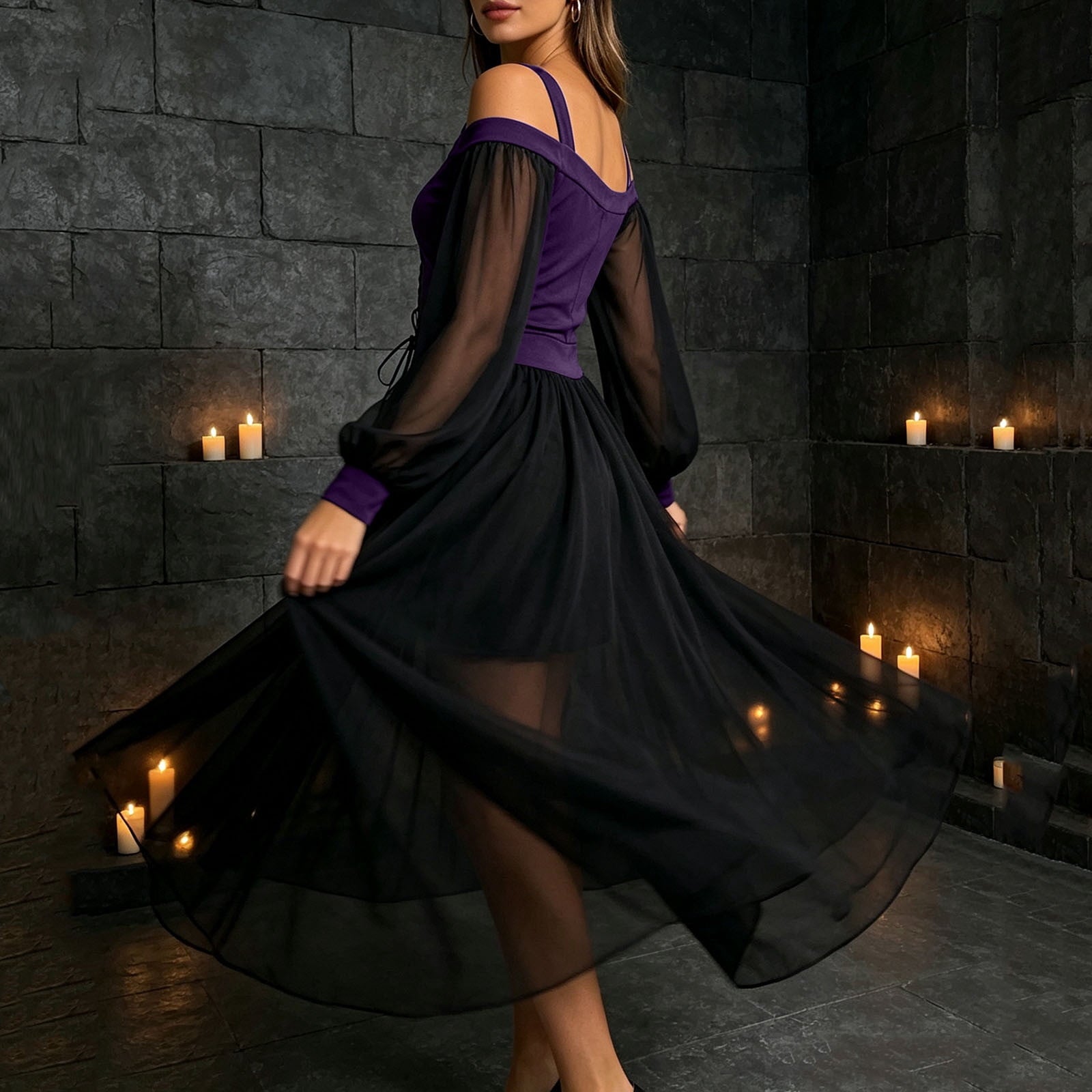 JOANKDMI Women's Gothic Midi Dress Elegant Vampire Costume Cold Shoulder Sheer Long Sleeve Lace-up Corset for Roleplay Halloween Party Outfit Chic, S-3XL
