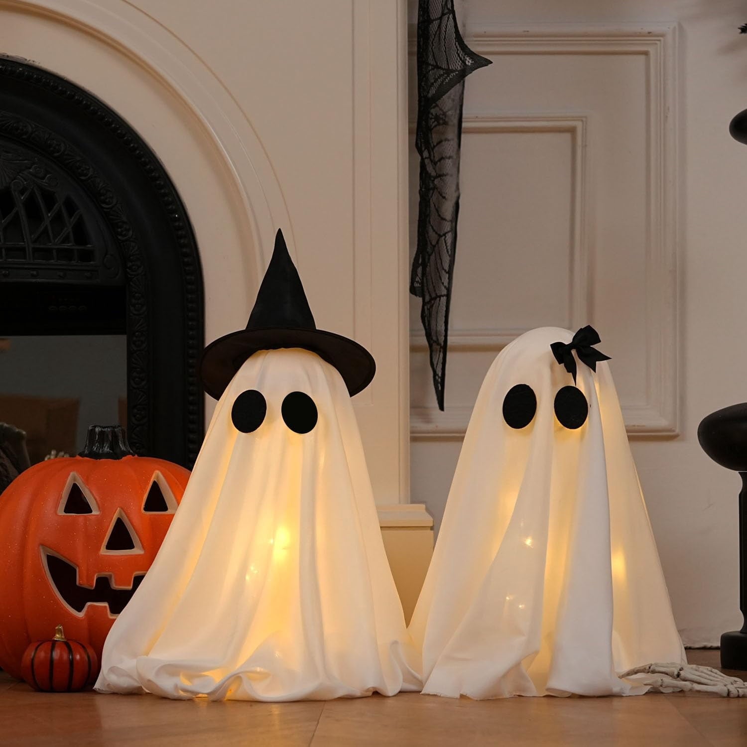 TETOU 2pcs Halloween Scary White Ghost Decor , Light Up DIY Scary White Ghost with Timer for Halloween Indoor Home Tabletop Mantel Decorations