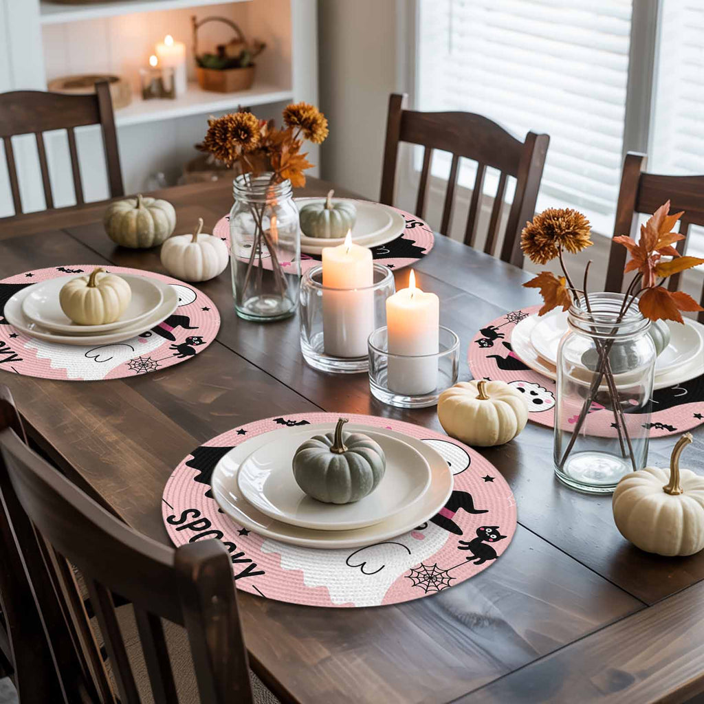 Halloween Round Placemats Set of 4 Cute Ghost Place Mats Washable Woven Placemat Spooky Skull Bat Cat Pumpkin Pink Circle Braided Table Mat for Kitchen Dining Table Holiday Party Home Decor 15 Inch