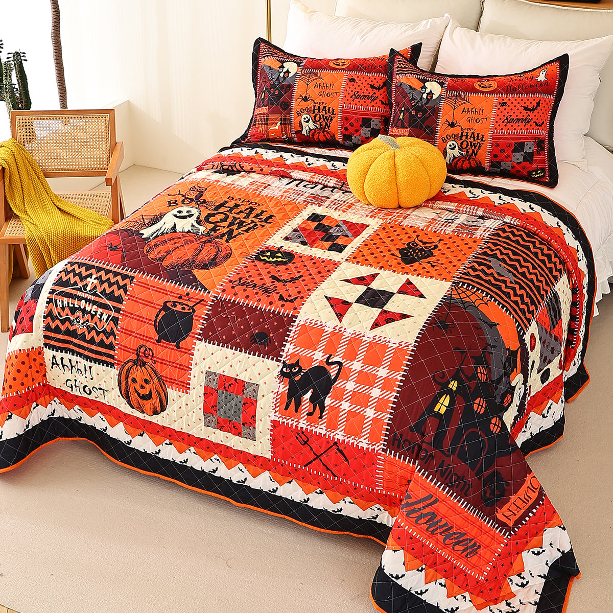 Evenhug Halloween Quilt Set,3-Piece Queen Size Bat Crow Pumpkin Halloween Themed Bedding Set Reversible Coverlet Set with 2 Pillow Shams