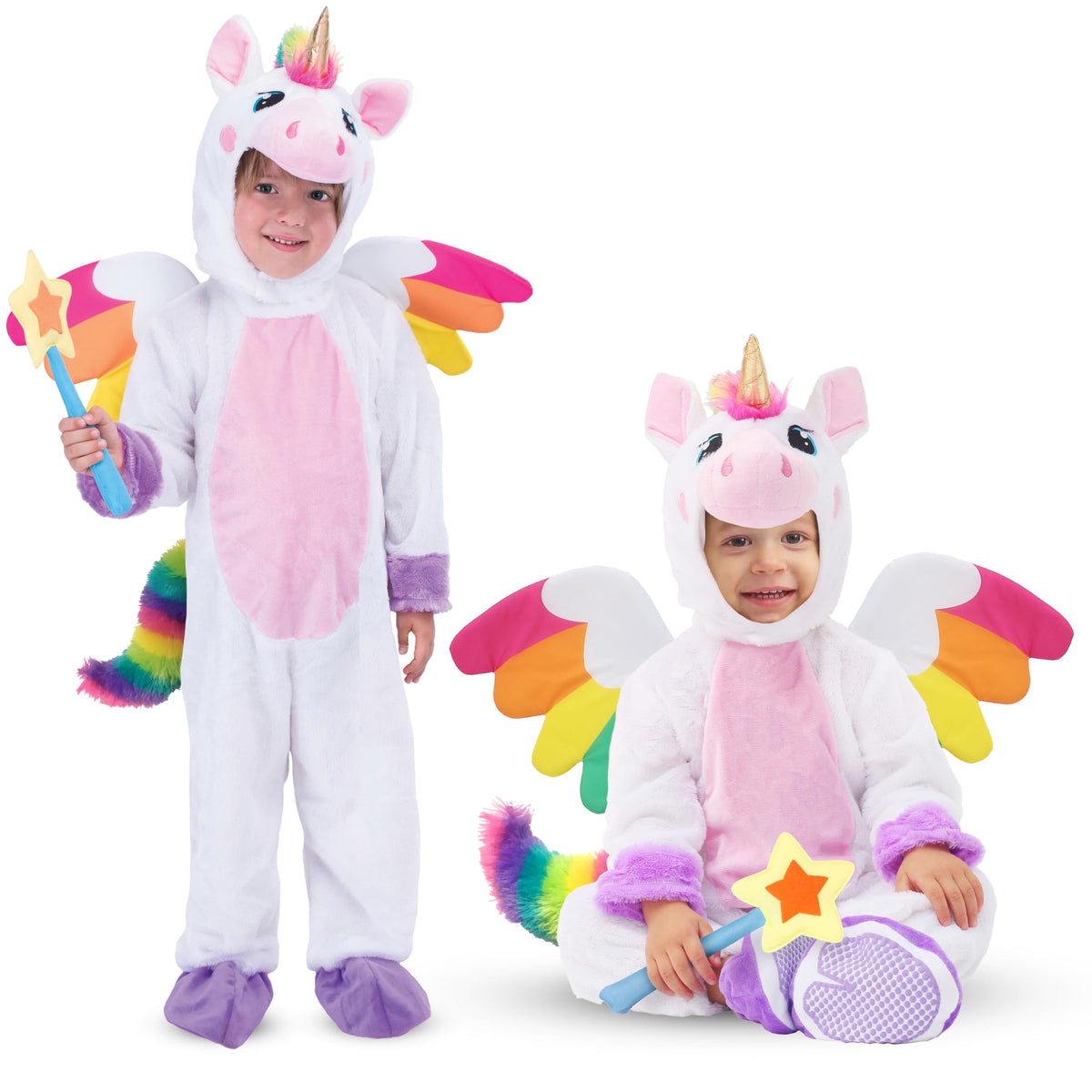 Joyfy Unicorn Costume for Kids Toddlers, One Piece Jumpsuit with Wings and Star Wand for Girls Halloween Dress Up Party 0-7 Years