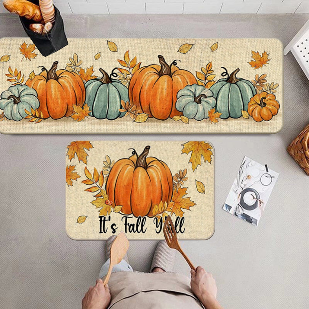 Decorative Kitchen Floor Mats Set of Two, Fall Theme Pumpkin Turkey Pattern Kitchen Rugs and Mats for Outdoor Indoor Kitchen Decor Halloween Thanksgiving Non-Slip Doormat
