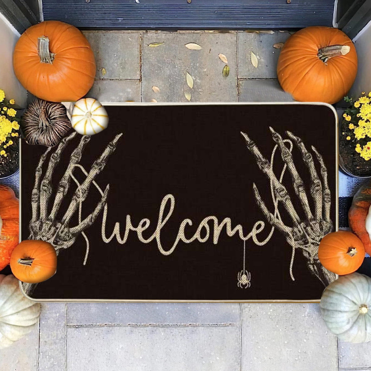 Halloween Skull Doormat Rug Indoor Outdoor,Skeleton Trick Or Treat Black Doormat Fall Door Mat Welcome Anti-Slip Front Entrance Holiday Seasonal Decoration 16 X 24 Inch
