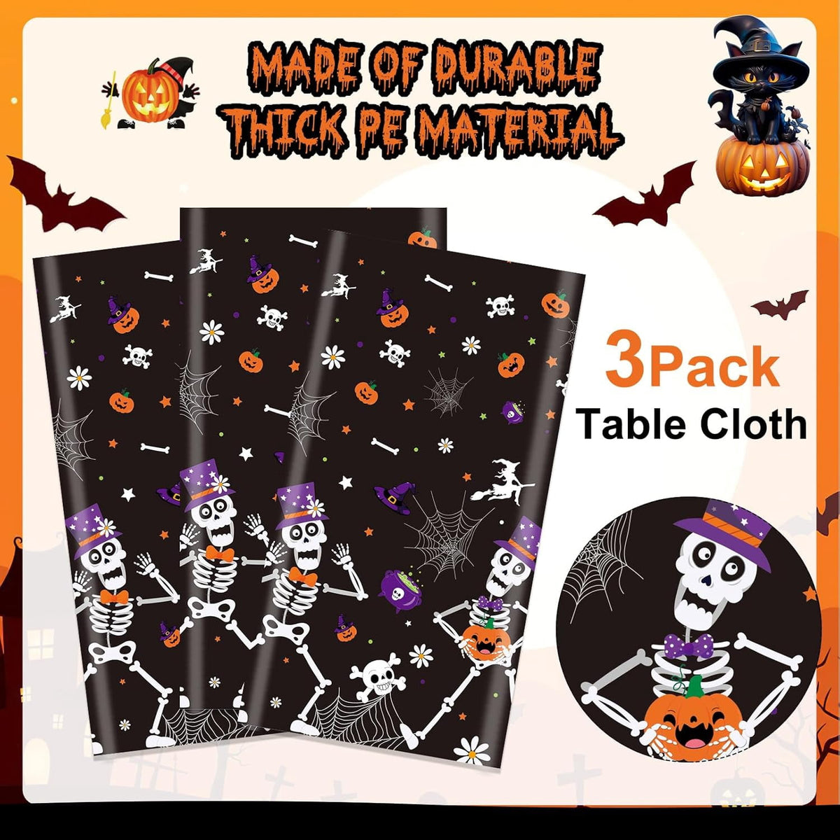 3 Pack Halloween Party Tablecloth 108 x 54 in, Halloween Dancing Skeleton Plastic Table Cover for Halloween Decorations Favors Supplies Indoor Outdoor Backdrop Banner