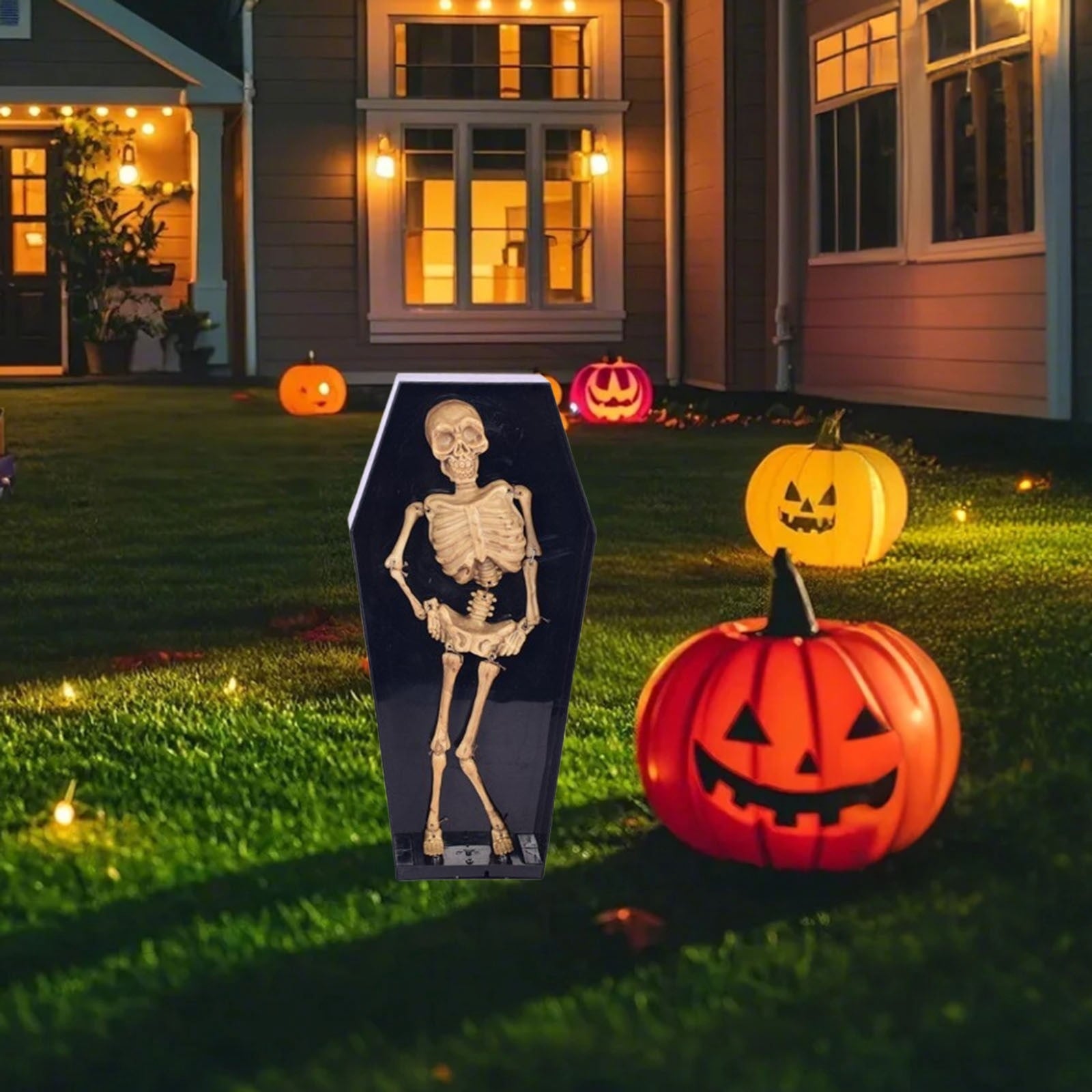 Halloween Dancing Coffin Skeleton with LED Lights Animated Prop Voice Activated Decorations with Spooky Music and Glowing Effects Scary Jumping Skeleton for Haunted House Yard Cemetery Party Decor