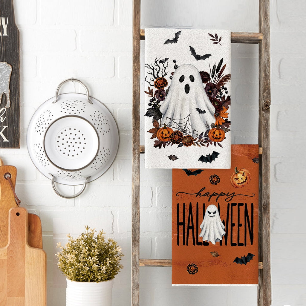 Sm:)e Pumpkin Ghost Bat Happy Halloween Dish Towels Set of 4, 18x26 Inch, Seasonal Holiday Hand Towels for Kitchen and Dining Table