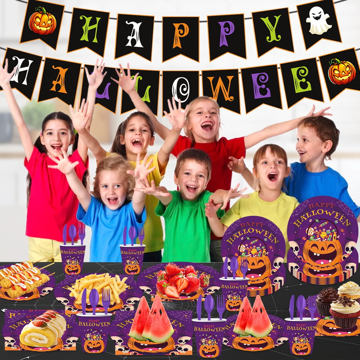 Halloween Paper Plates for Halloween Party Decoration Disposable Cups Napkins Table Cover for Halloween Banner Birthday Party Supplies Serve 20 Design 3