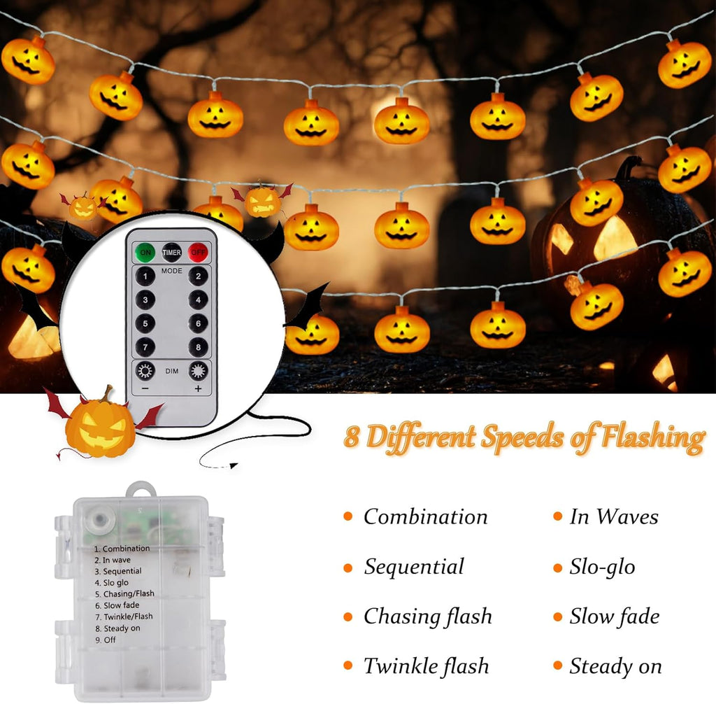 Qoosea Halloween Pumpkin String Lights, 20FT 40 LED 8 Mode Waterproof Pumpkin String Lights for Outside Decor Camper Party Indoor Bedroom Decorations