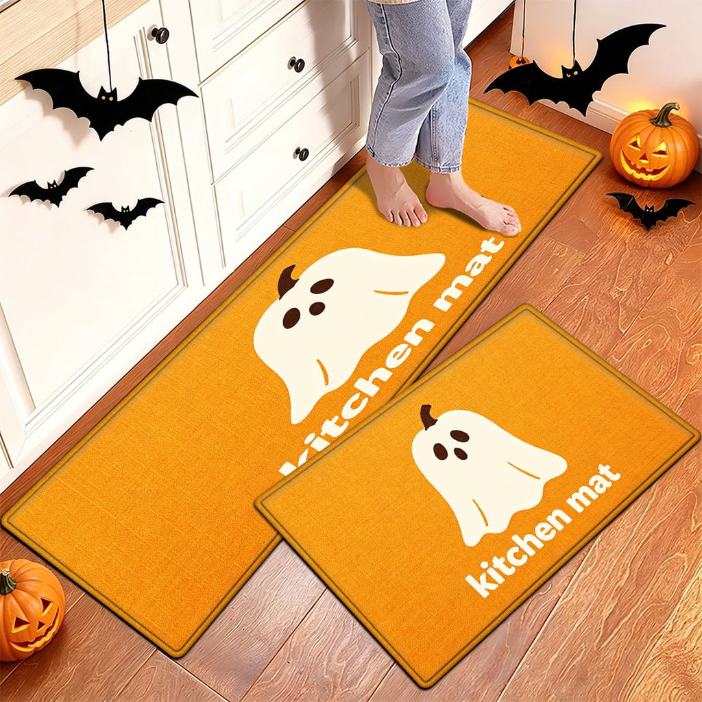 YIMEIS Halloween White Pumpkin Multi-purpose 3-Piece Flannel Mat and Kitchen Rugs,Soft Non-slip for Home Bedroom Bathroom