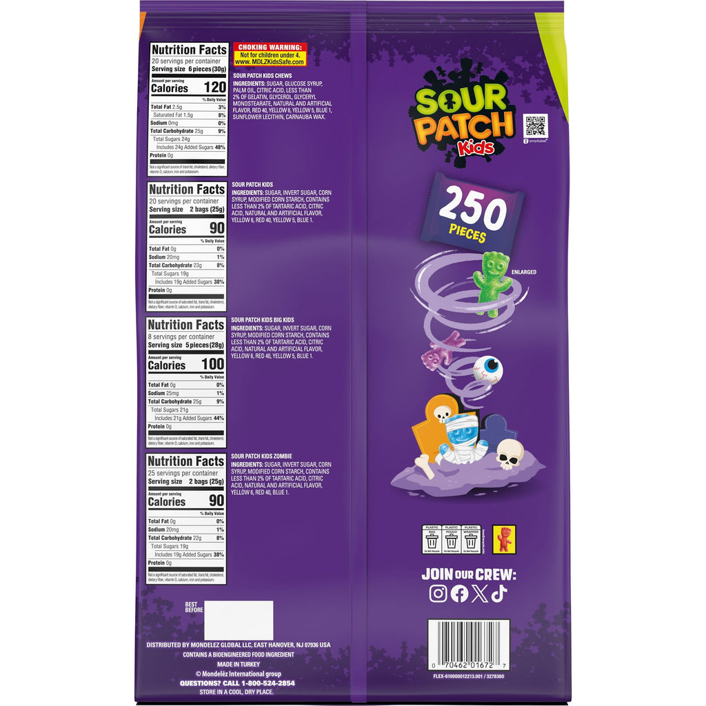 SOUR PATCH KIDS Soft & Chewy Halloween Candy Variety Pack, Bulk Candy, 250 Trick or Treat Bags