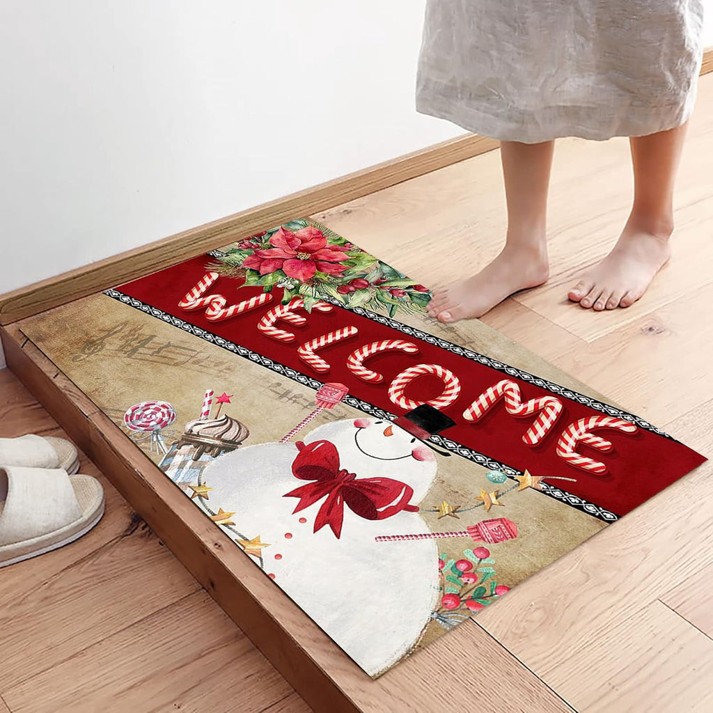 Christmas Snowman Trees Entrance Door Mat, Red Plaid Low Profile Tradition Christmas Decor Welcome Doormat, Non-Slip Carpet Rugs Floor Mat Decorative for Home/Bathroom/Kitchen - 20"x31.5"
