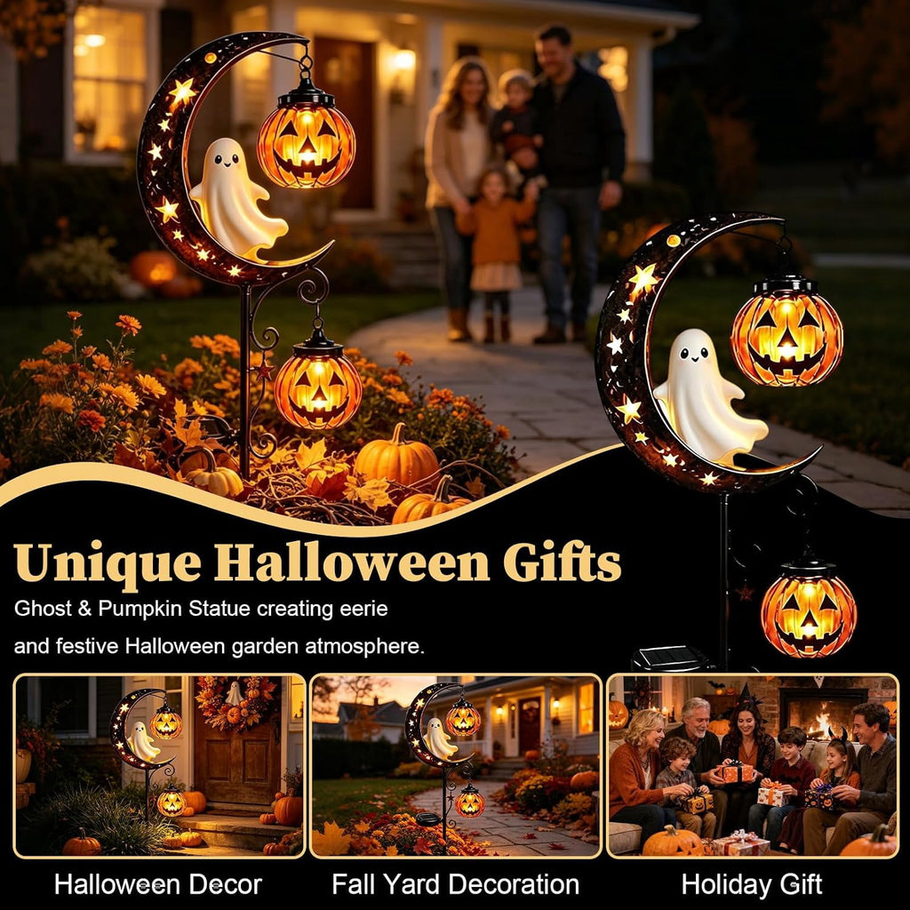 Solar Halloween Black Cat & Pumpkin Moon Garden Stake Light | Waterproof Metal Black Cat Yard Ornament, Auto On Off Solar Outdoor Light, Fall Halloween Decor Stake for Lawn Patio Pathway