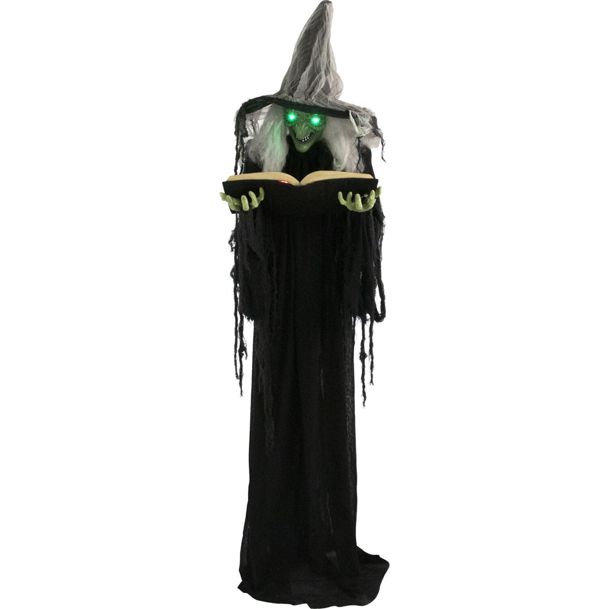Haunted Hill Farm 5.5 ft Poseable Witch with Spell Book, Lights and Sound, Indoor/Covered Outdoor Halloween Decoration, HHWITCH-9FLS