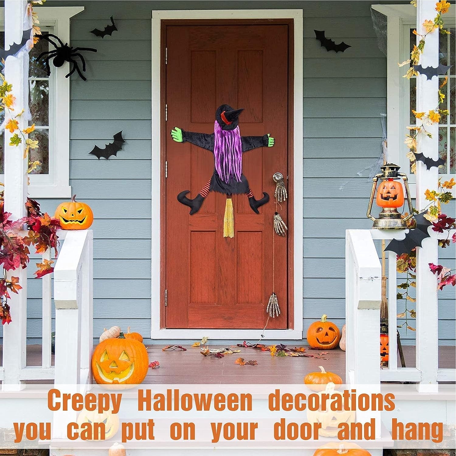 DAKIMOE Halloween Decoration Outdoor Witches Crashing Into Tree with Colorful LED Lights Crashed Witch Props Halloween Hanging Decorations for Indoor House Outdoor Yard Patio Decor 44''x33'' Orange