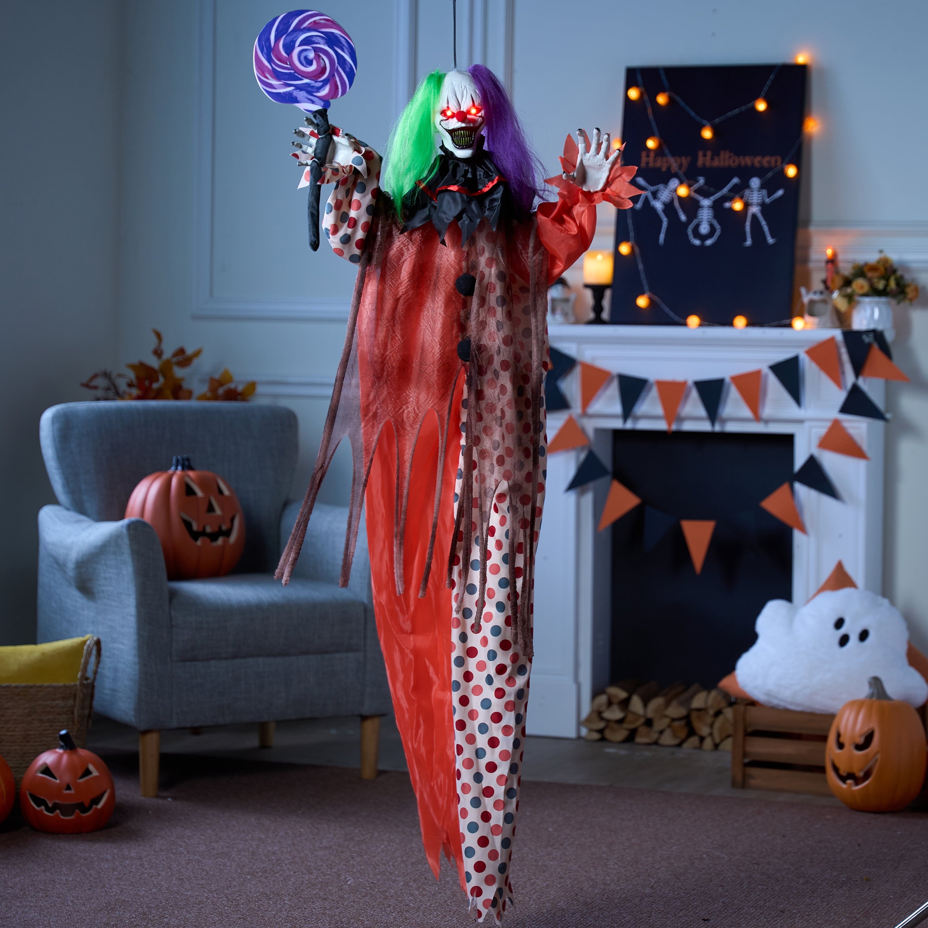 Joyfy 65" Halloween Hanging Scary Clown Decorations with Chain, with LED Lights Talking Animatronics Decor Outdoor Indoor for Haunted House Lawn Yard Patio